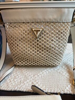 GUESS Cream Woven Crossbody with Gold Logo